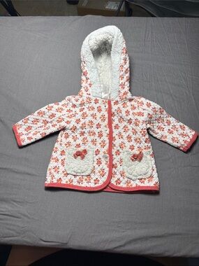 Little Lass Baby Quilted Floral Hooded Jacket in Coral and White